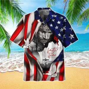 American Flag Faith Over Fear Jesus Hawaiian Shirt - Christian Hawaiian Shirt for Men Women