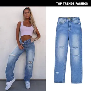 Babes Ripped Knees Button High Rise Straight Leg Denim Jeans