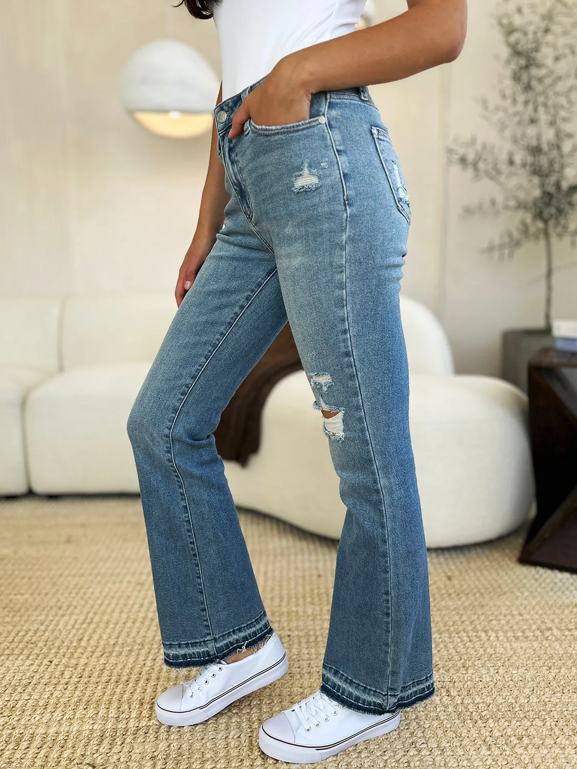 Bella Judy Blue Full Size Mid Rise Destroyed Hem Distressed Jeans