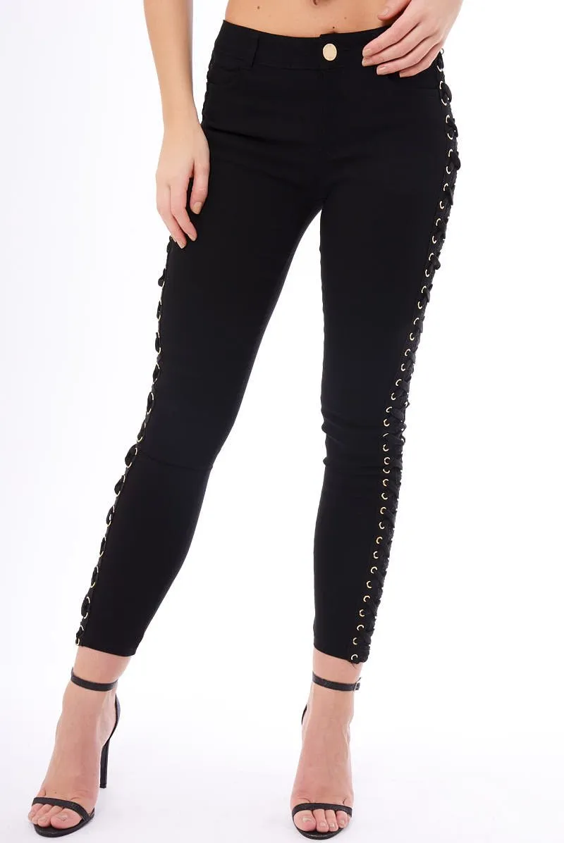 Black Lace Up Sides Skinny Denim Jeans - Mallie