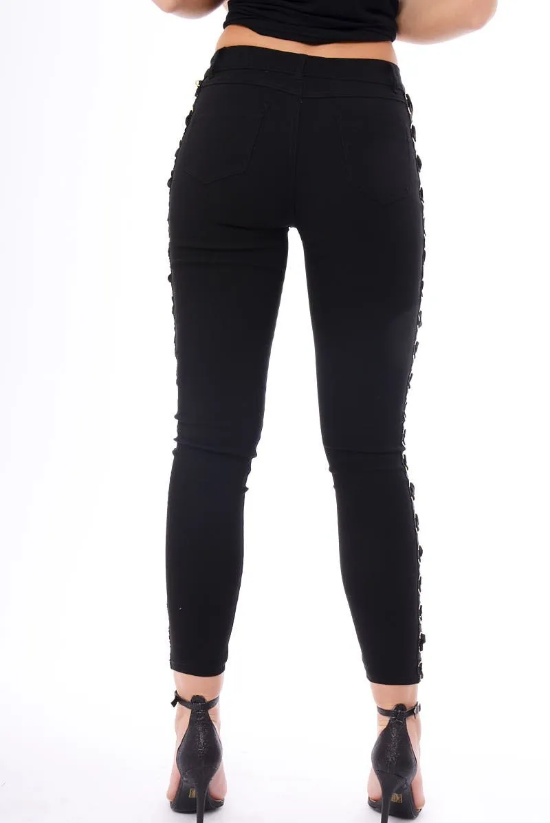 Black Lace Up Sides Skinny Denim Jeans - Mallie