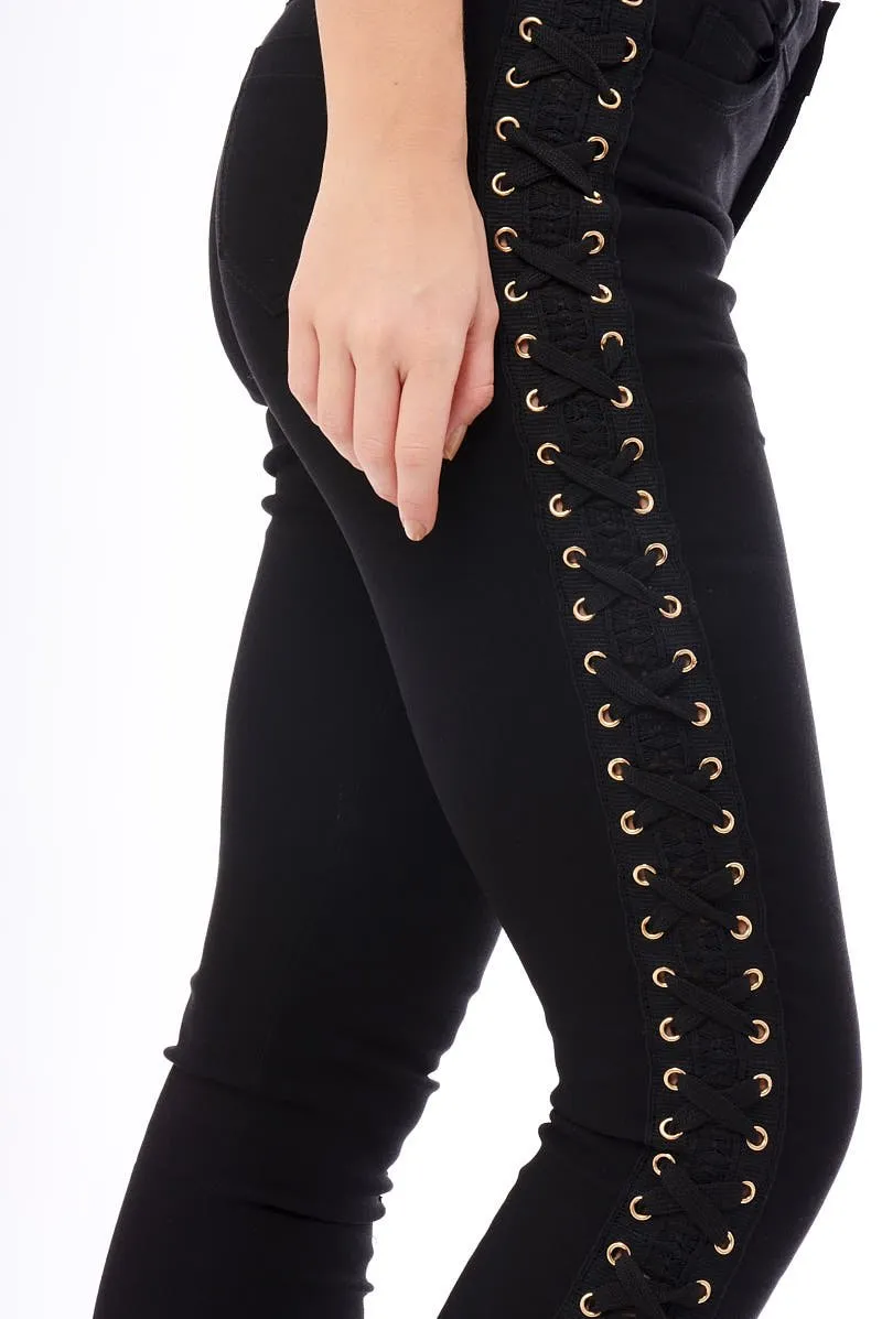 Black Lace Up Sides Skinny Denim Jeans - Mallie