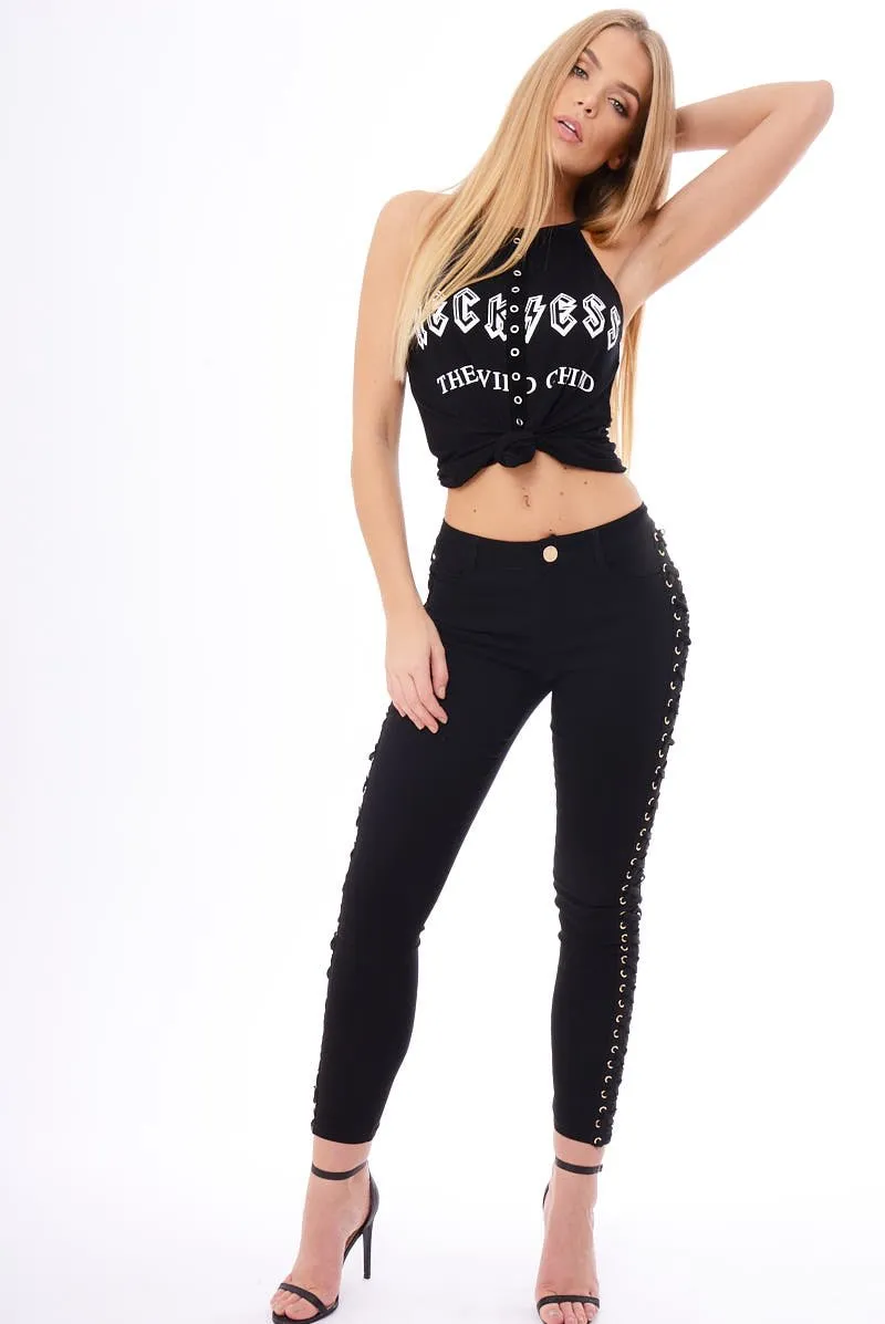 Black Lace Up Sides Skinny Denim Jeans - Mallie