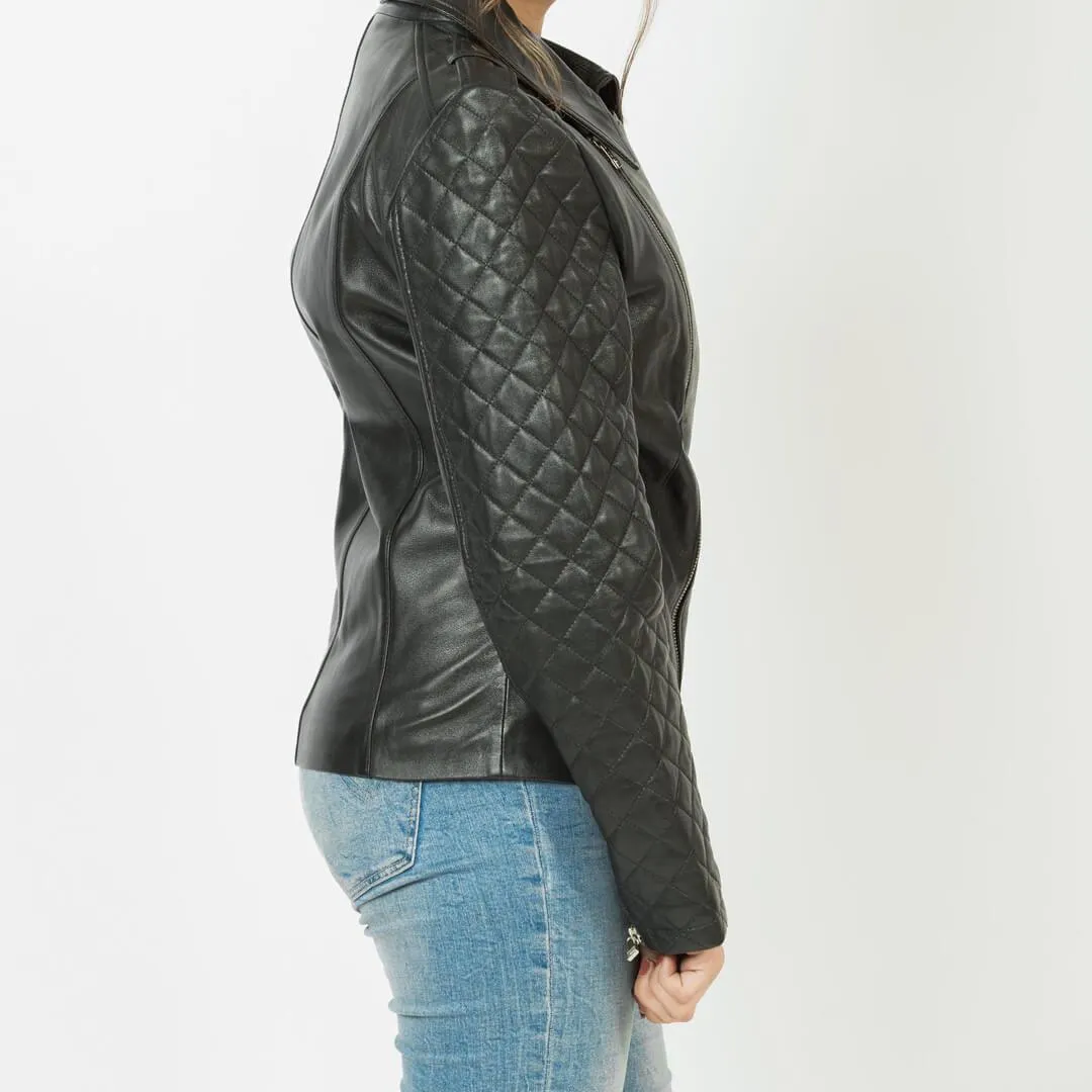 Black Quilted Leather Jacket with Wing-Collar