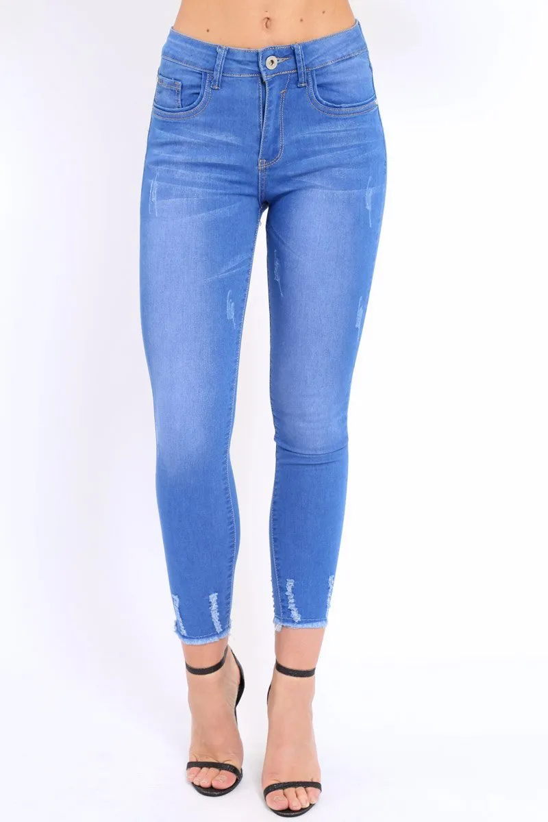 Blue Distressed Detail Raw Hem Skinny Jeans - Celeste