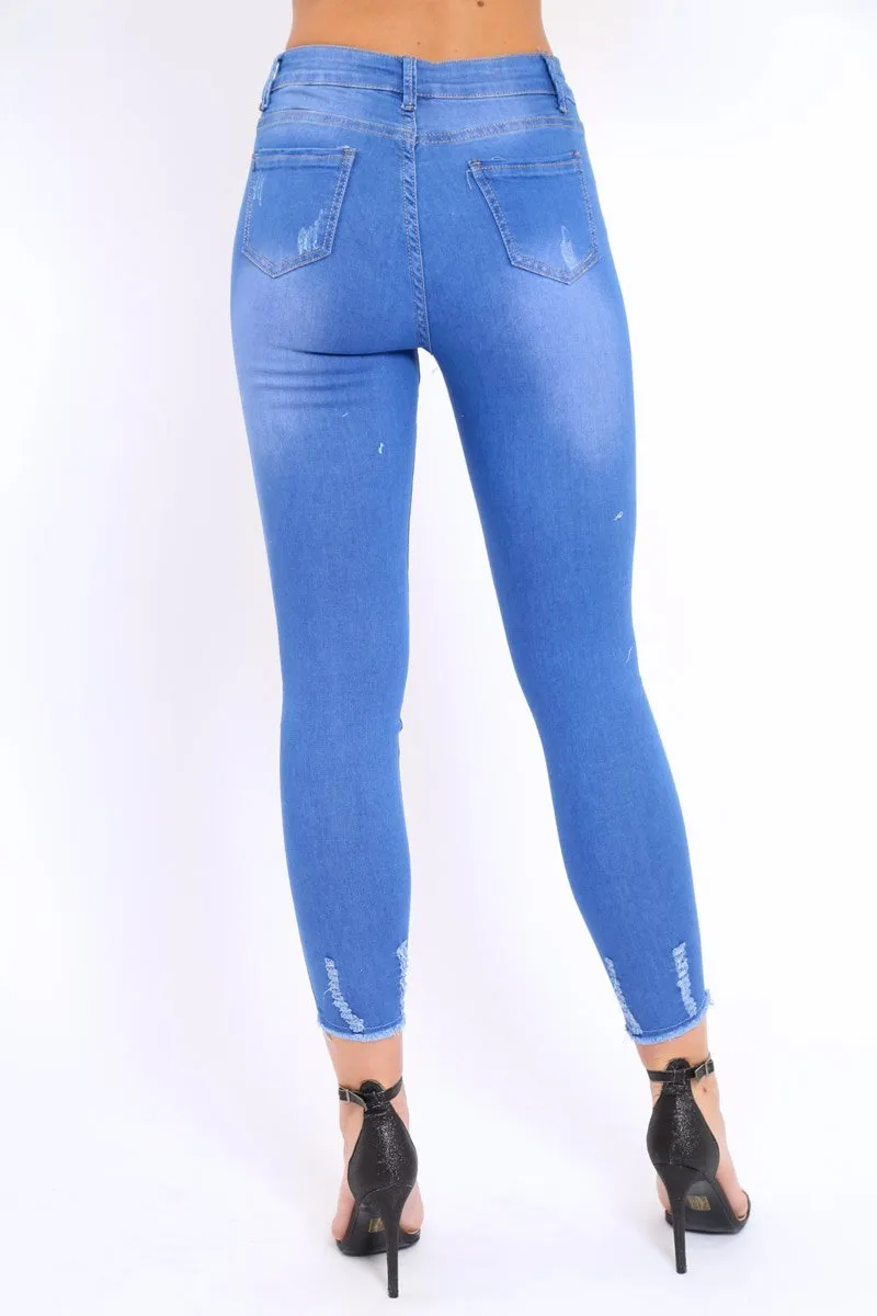 Blue Distressed Detail Raw Hem Skinny Jeans - Celeste