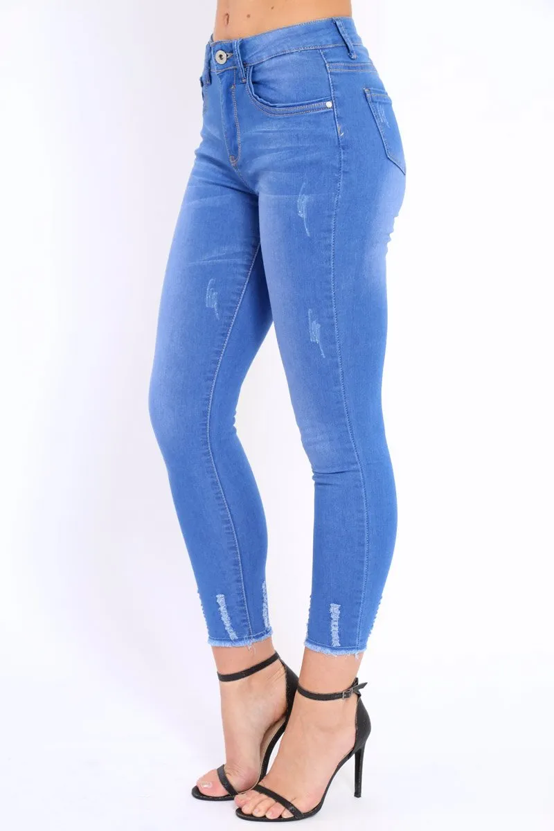 Blue Distressed Detail Raw Hem Skinny Jeans - Celeste