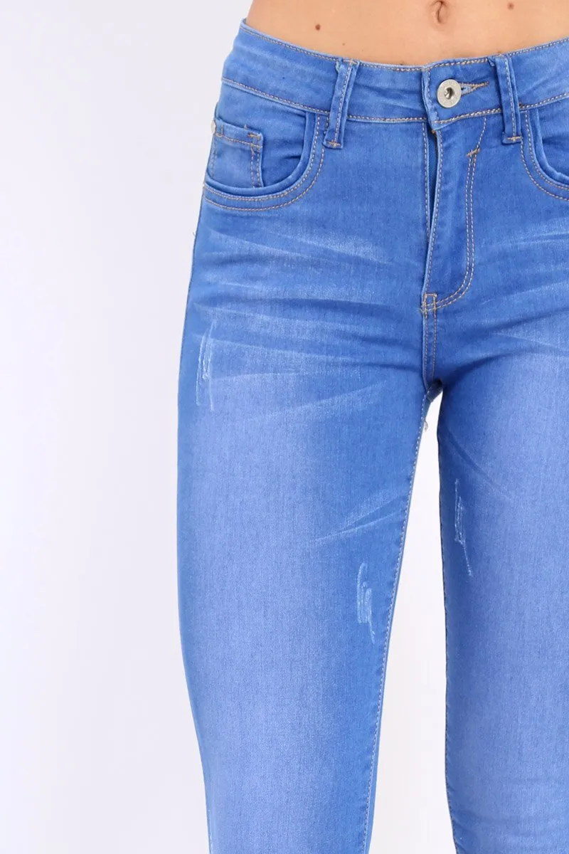 Blue Distressed Detail Raw Hem Skinny Jeans - Celeste