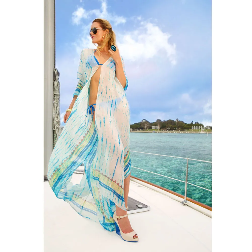 Blue Silk Block Printed Tie Dye Maxi Caftan