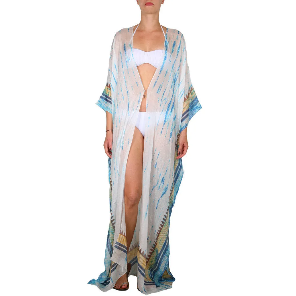 Blue Silk Block Printed Tie Dye Maxi Caftan