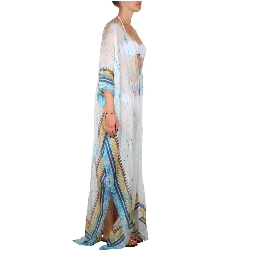 Blue Silk Block Printed Tie Dye Maxi Caftan