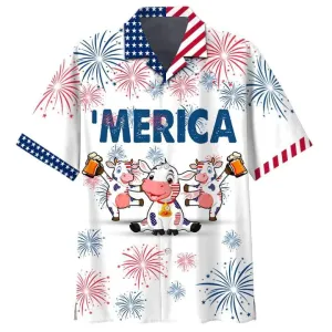 Cow And Beer 4th of july Hawaiian Shirt, Cow American flag Hawaiian shirts for men, Women