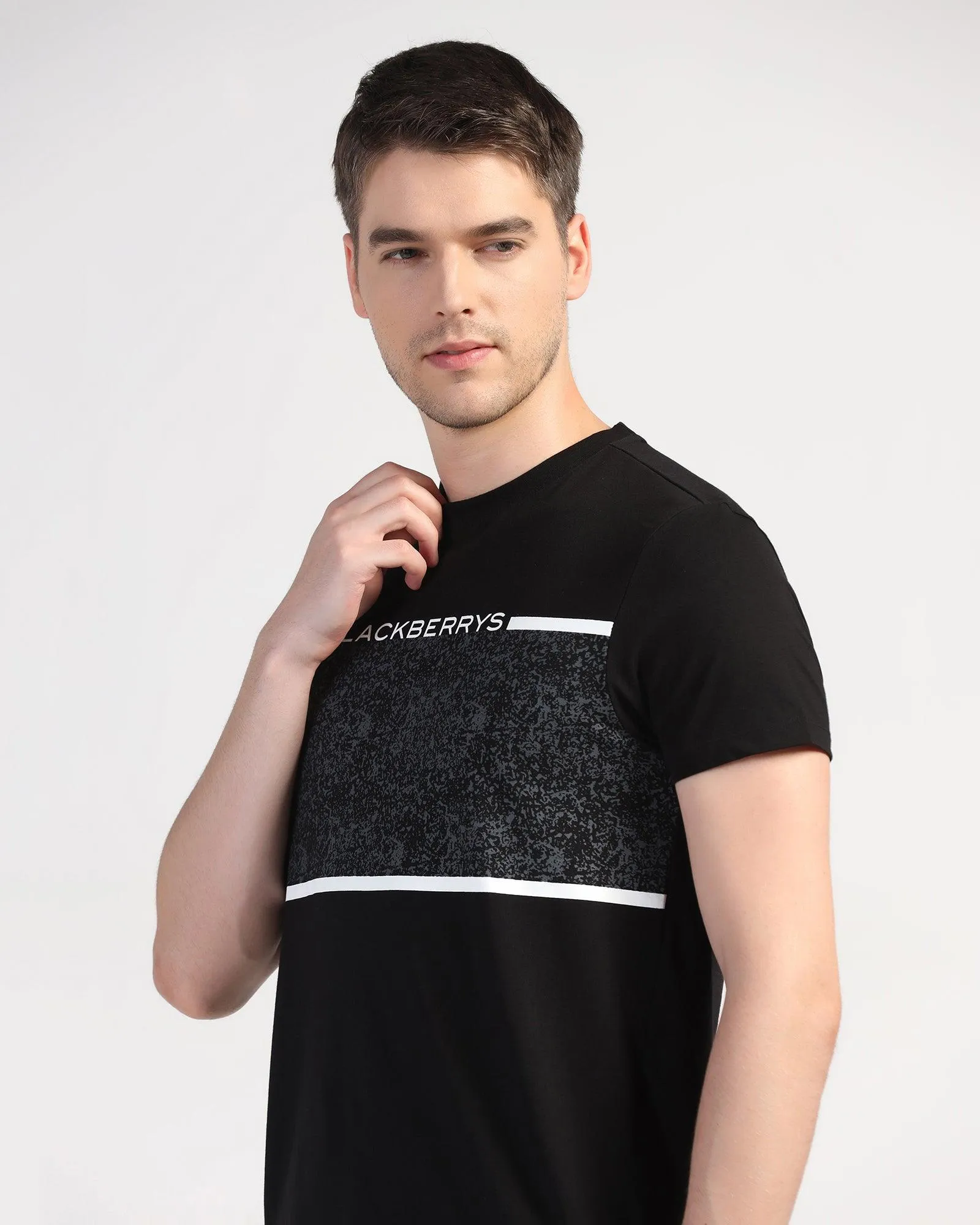 Crew Neck Black Printed T-Shirt - Peak