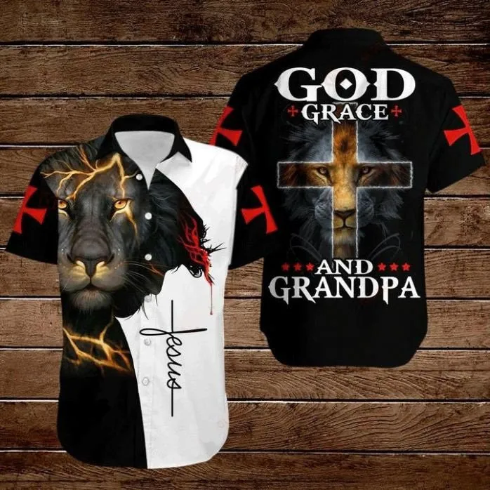 Cross Jesus Bible Lion God Grace And Grandpa Hawaiian Shirt - Christian Hawaiian Shirt for Men Women