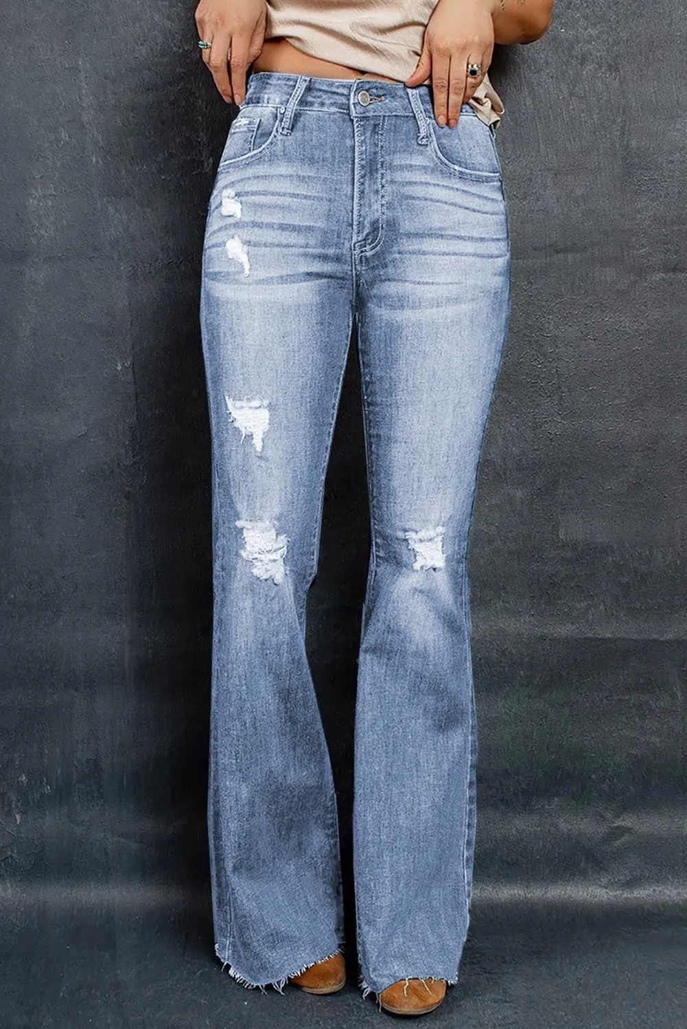 Distressed Raw Hem Flare Jeans