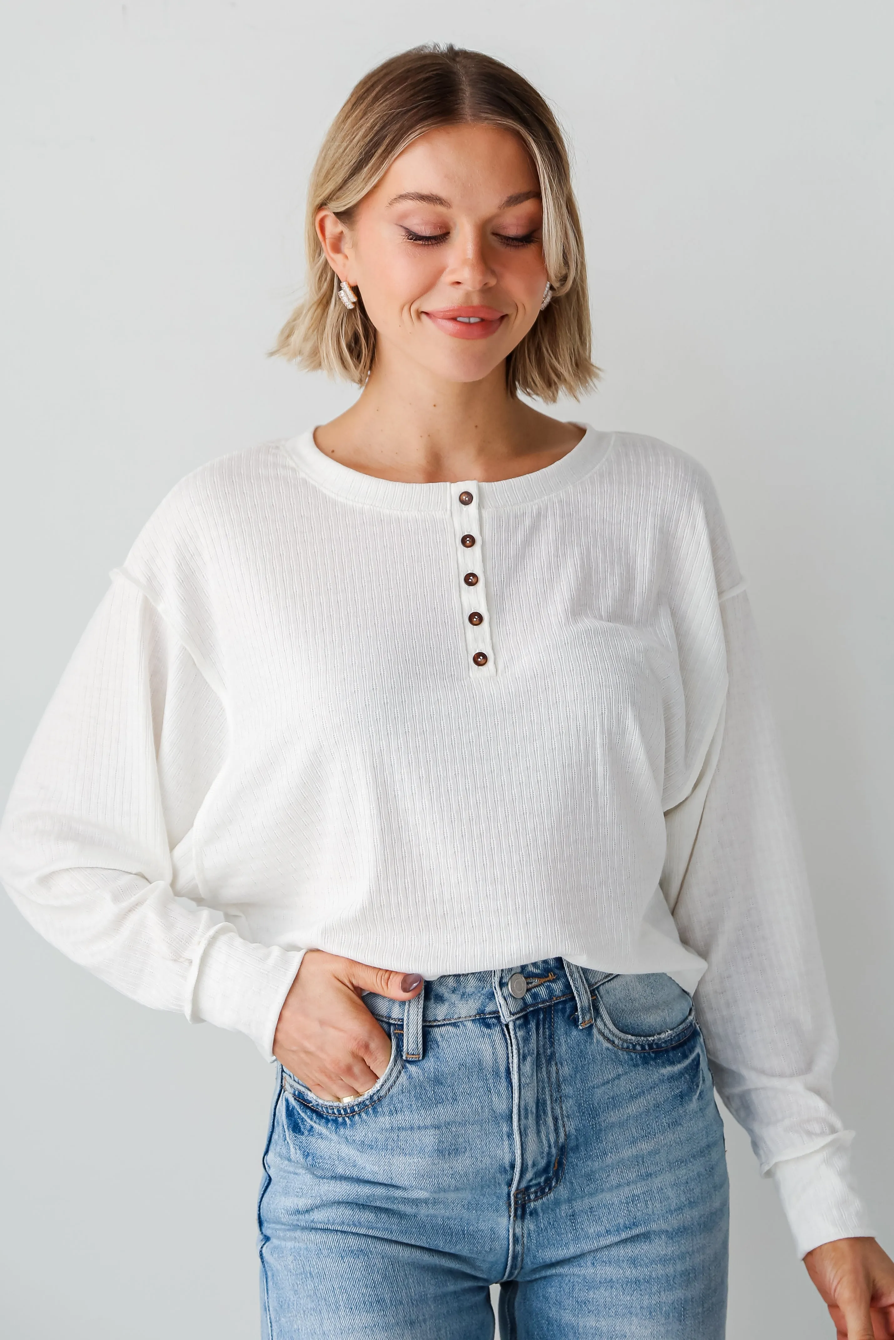 FINAL SALE - Amber White Henley Knit Top - DU DEAL