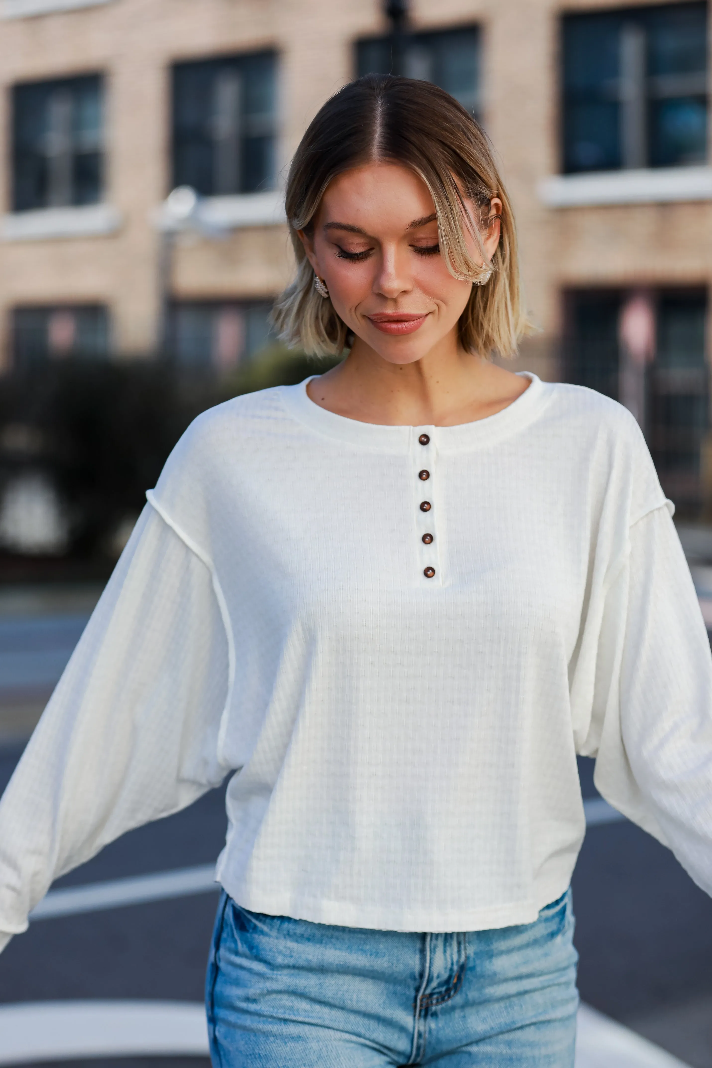 FINAL SALE - Amber White Henley Knit Top - DU DEAL