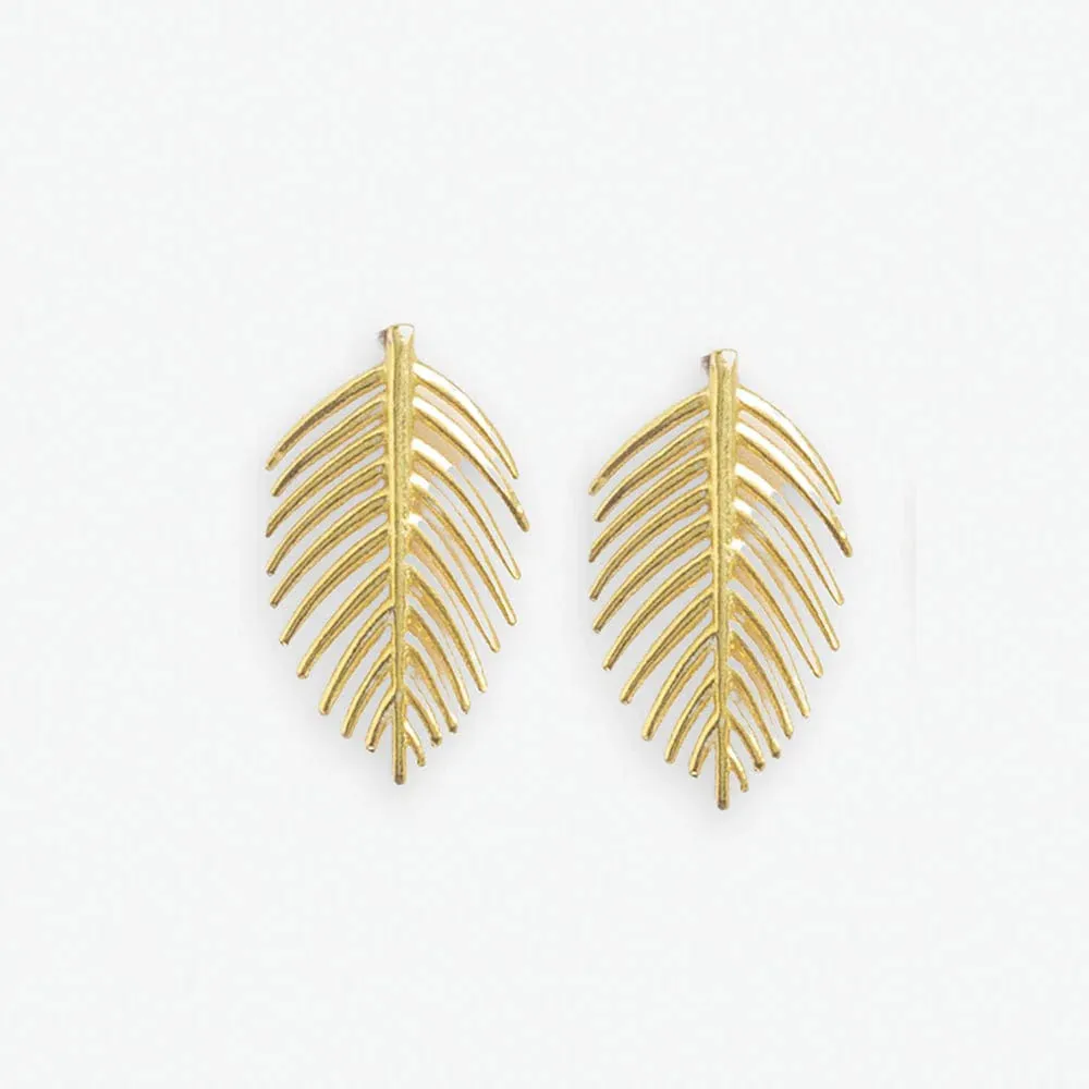 Flora Botanical Palm Leaf Large Post Earrings Brass