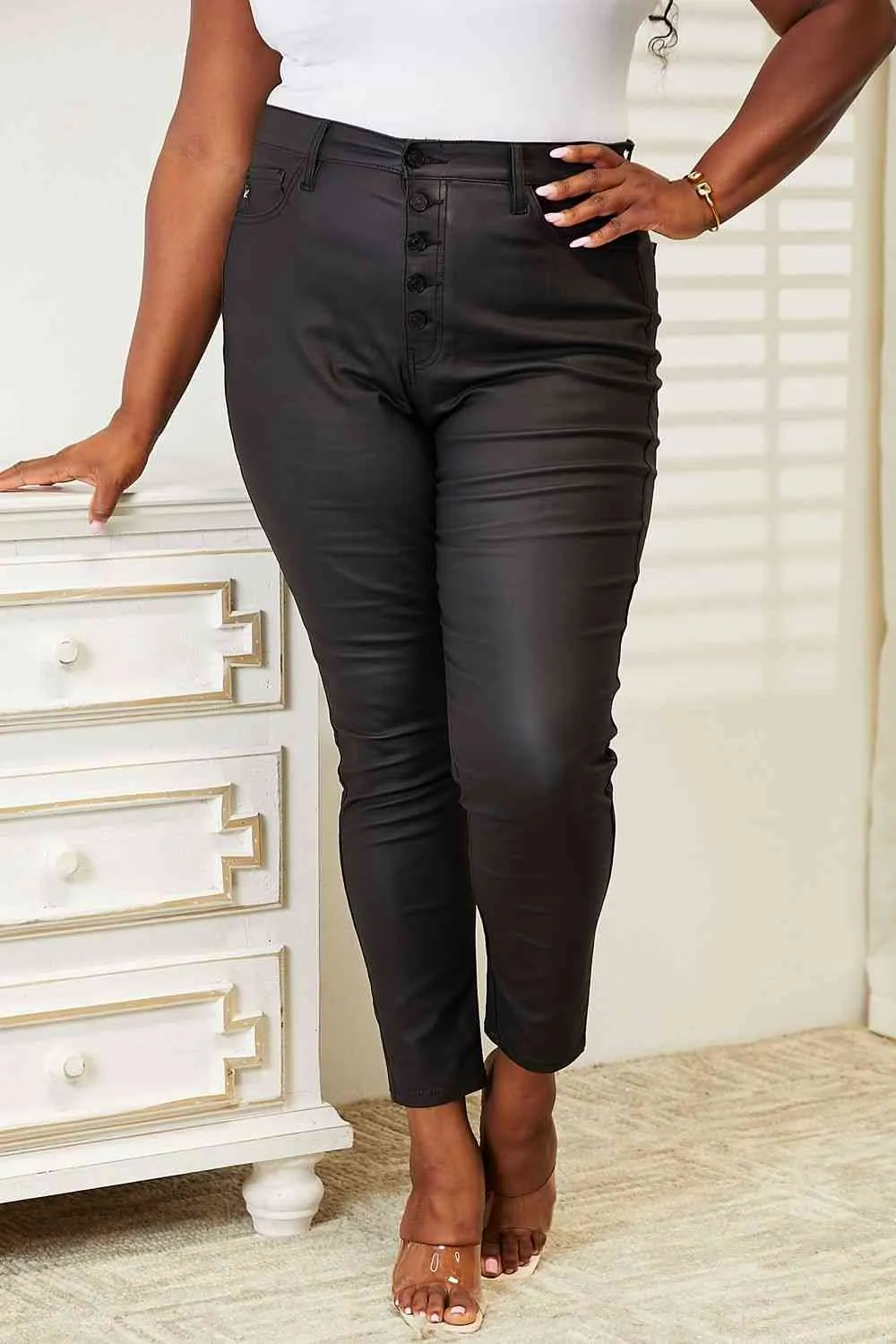 Full Size High Rise Black Coated Ankle Skinny Jeans