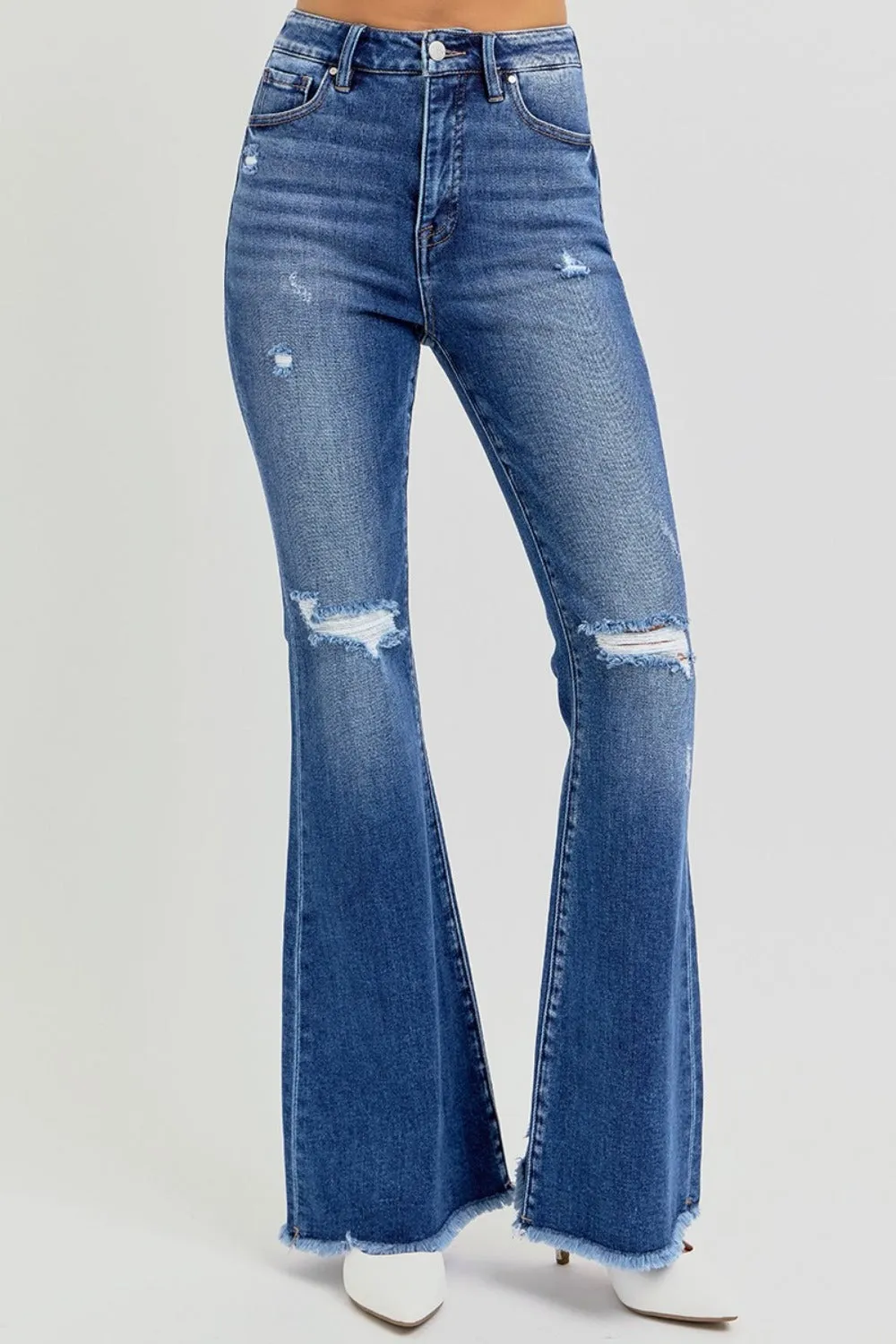 Full Size High Rise Distressed Raw Hem Flare Jeans