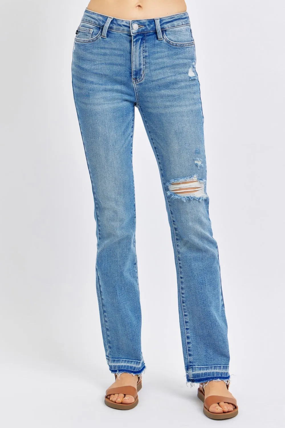 Full Size Mid Rise Destroyed Hem Distressed Jeans