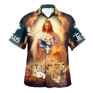 Heart Eagle Jesus Lion And Lamb Hawaiian Shirt For Men and Women - Faith inspired Hawaiian shirt