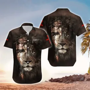 Jesus And Lion Gray Hawaiian Shirt - Christian Hawaiian Shirt for Men Women