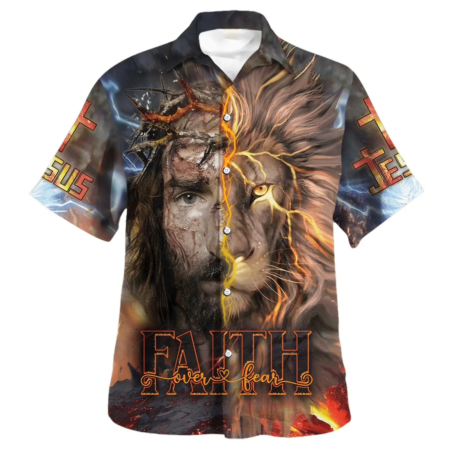 Jesus Praying Lion Christian Cross Faith Hawaiian Shirt - Christian Hawaiian Shirt - Religious Hawaiian Shirts