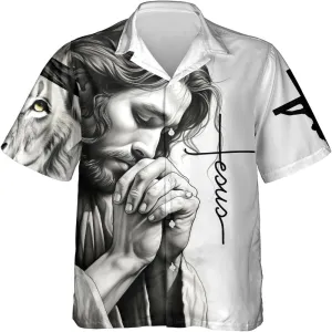 Jesus Prays Lion Christian Hawaiian Shirt - Hawaiian Beach Shirts for Men Women