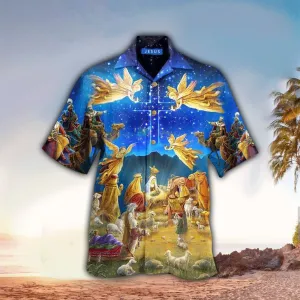 Jesus Was Born Holy Night Angel Hawaiian Shirt - Christian Hawaiian Shirt for Men Women