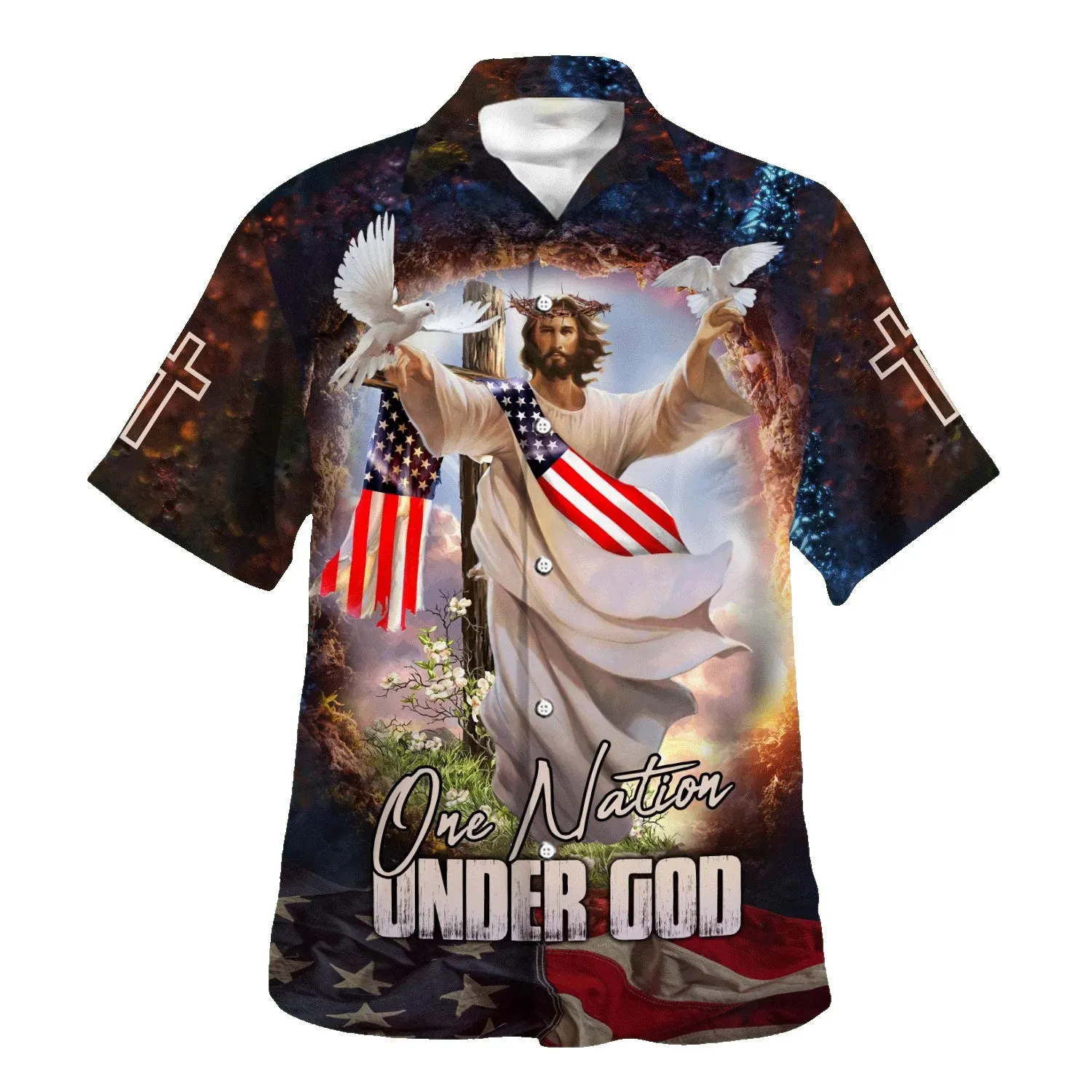 Jesus With His Arms Open Dove Hawaiian Shirt - One Nation Under God Hawaiian Shirts For Men & Women - Christian Hawaiian Shirt