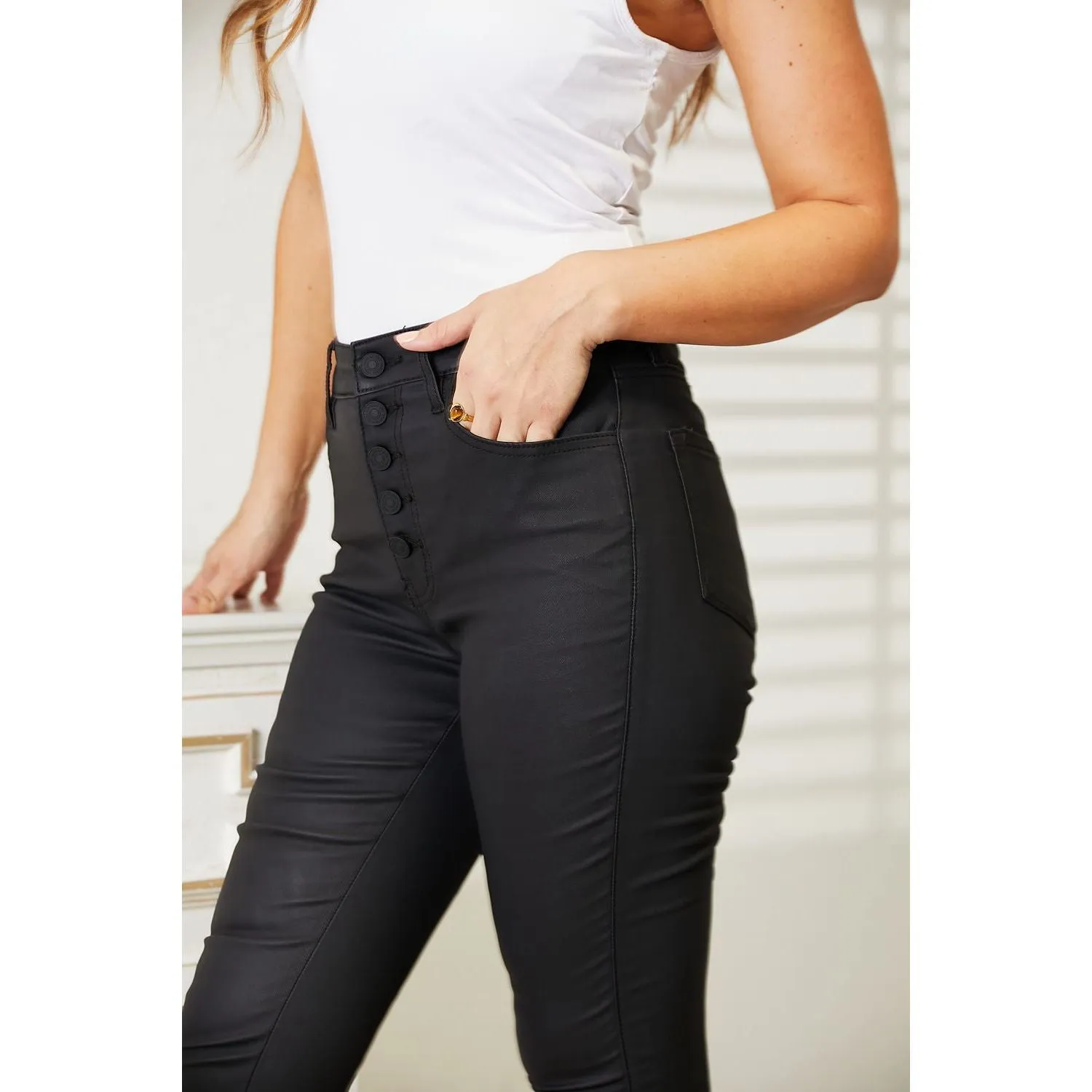 Kancan Bailey High Rise Black Coated Ankle Skinny Jeans