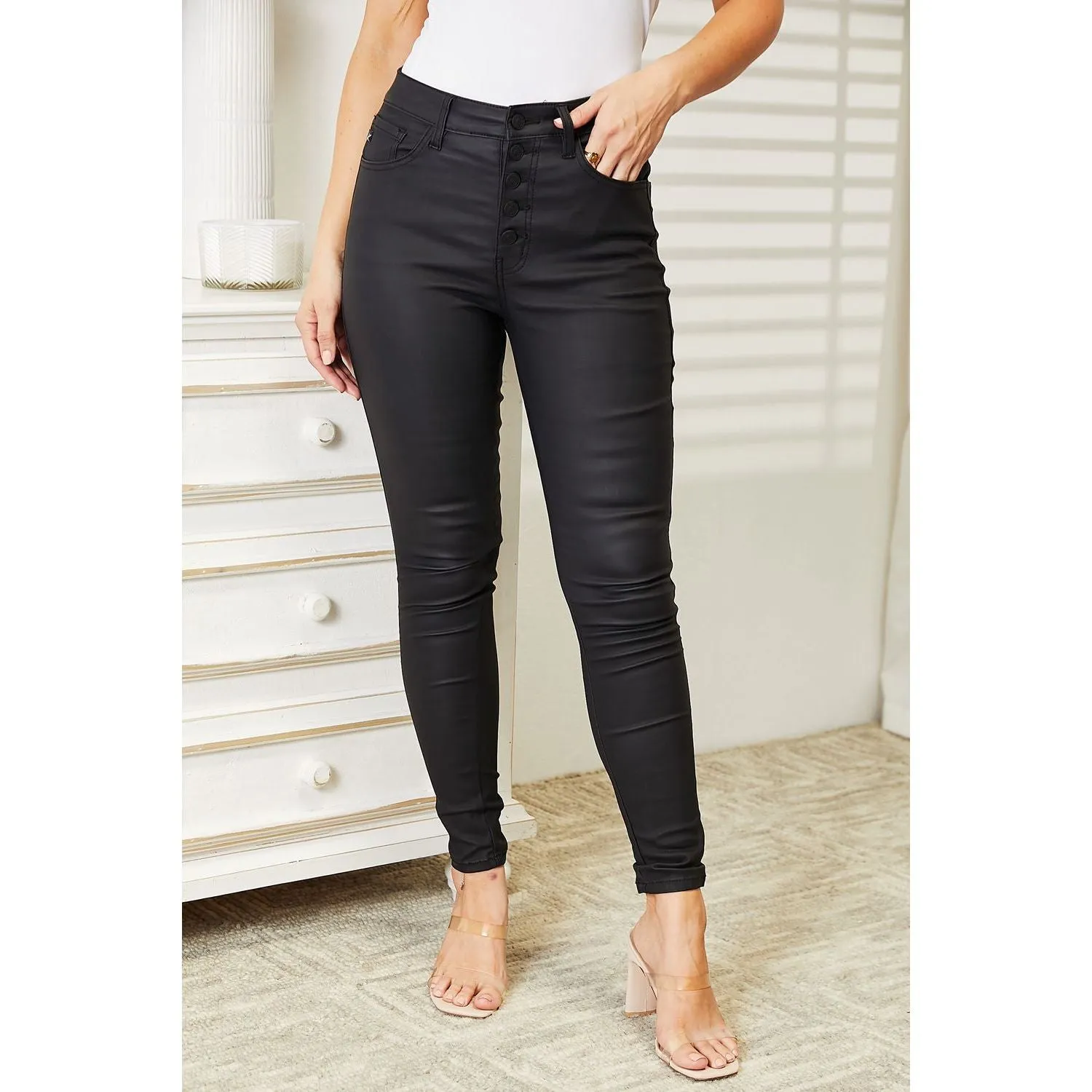 Kancan Bailey High Rise Black Coated Ankle Skinny Jeans