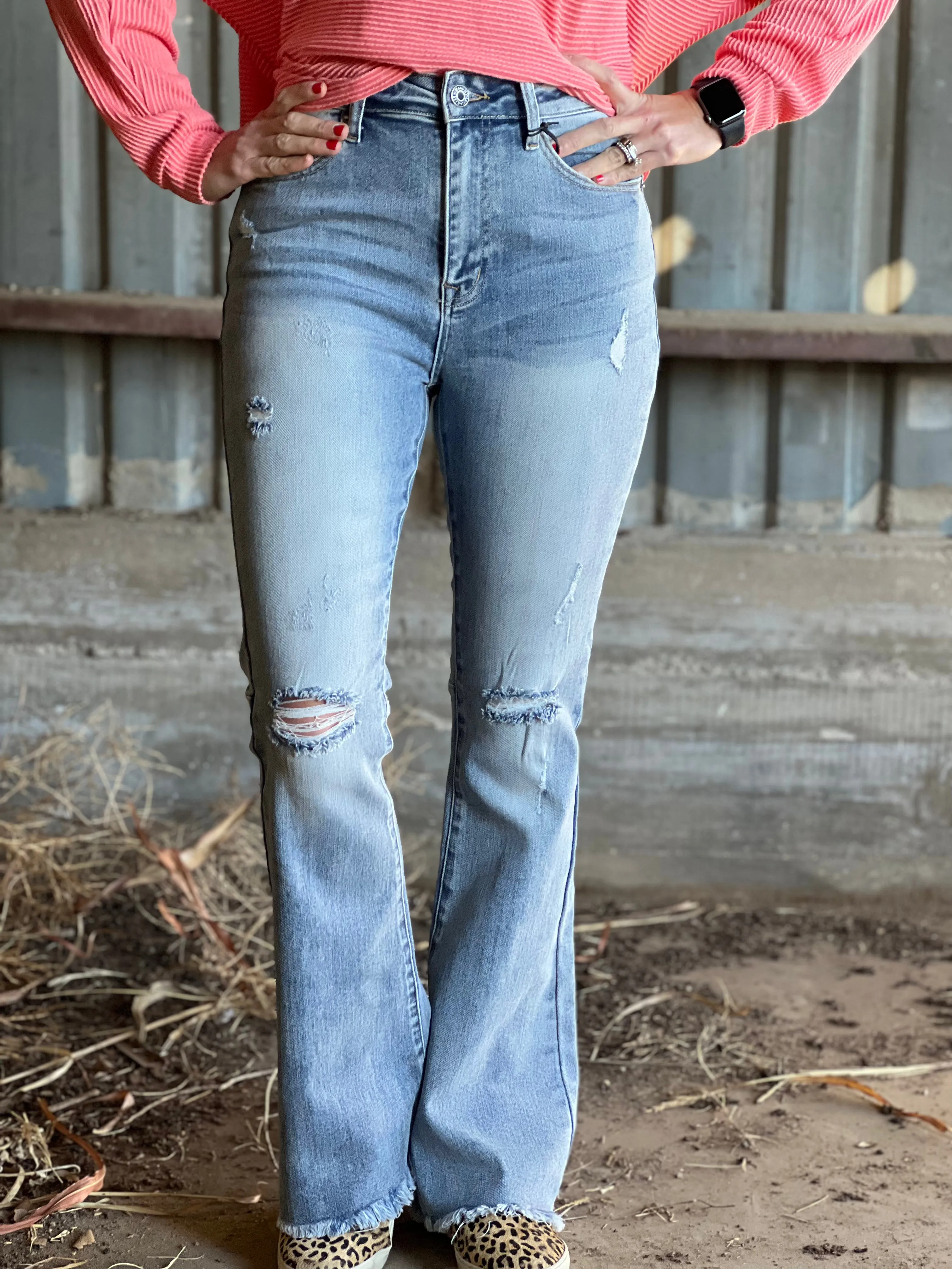 Kendra Lightwash Distressed Flare Jeans by Risen