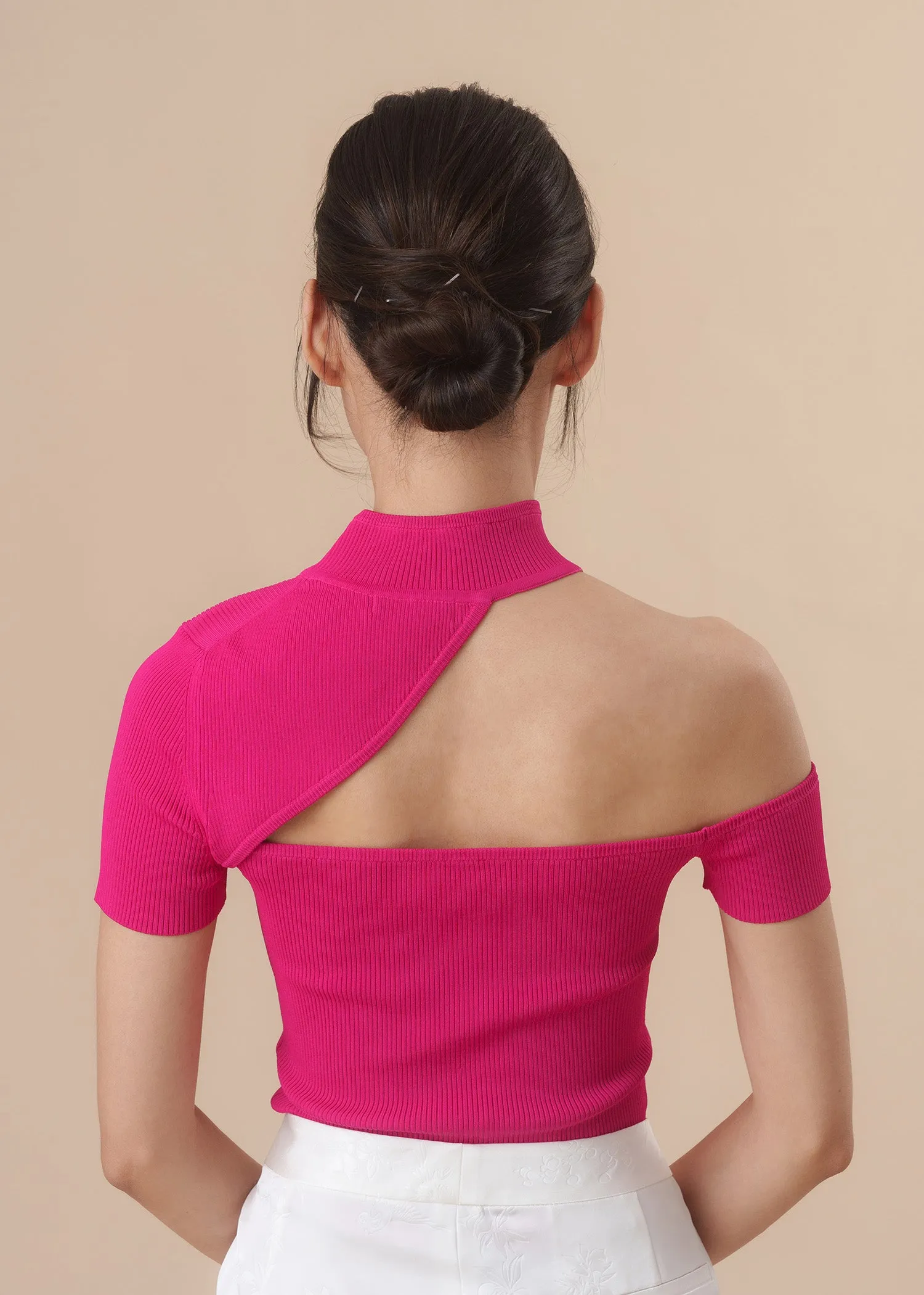 Knitted Cut Out Qipao Top (Fuchsia)