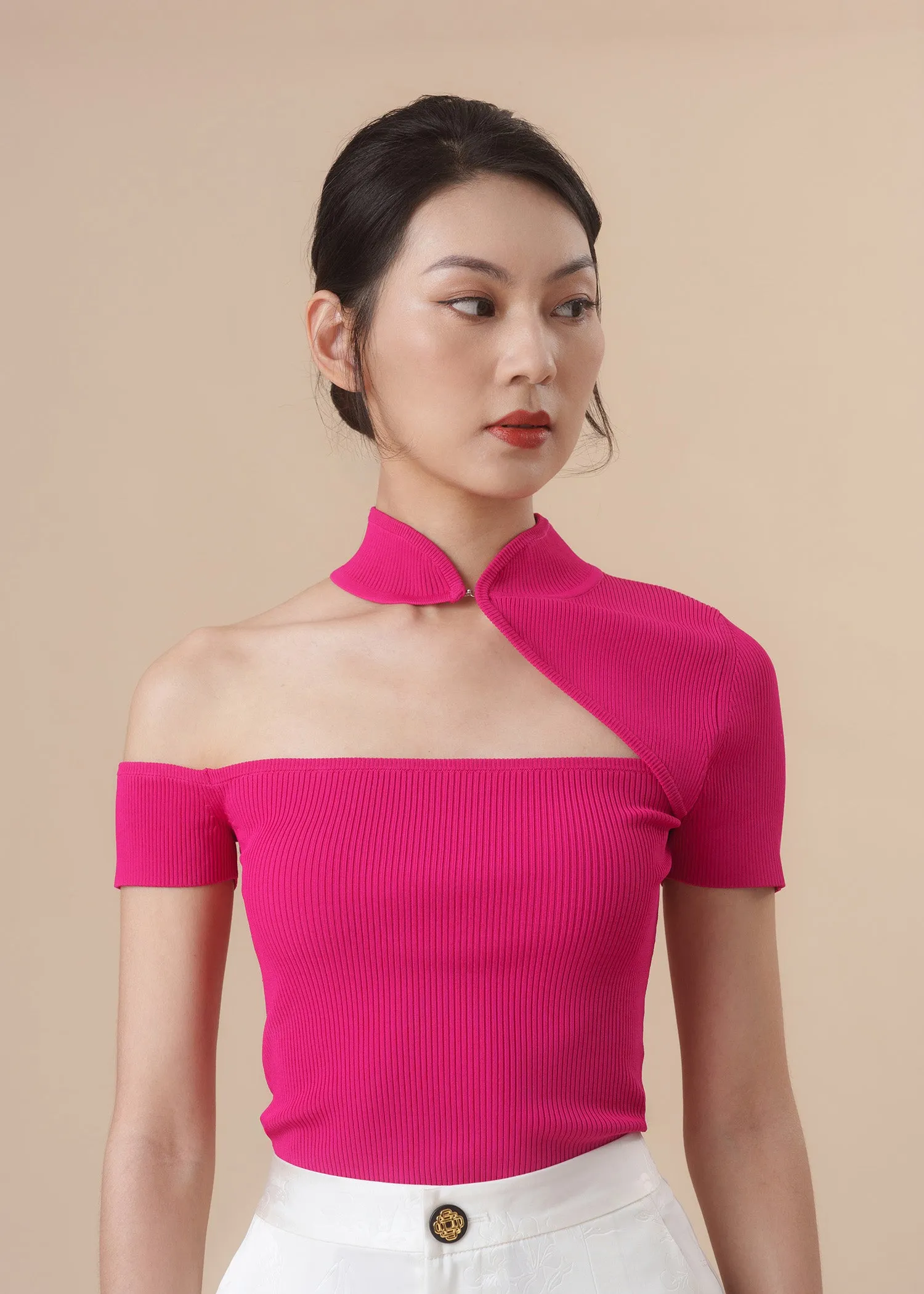 Knitted Cut Out Qipao Top (Fuchsia)