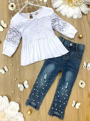 Lace And Pearls Tunic And Jeans Set