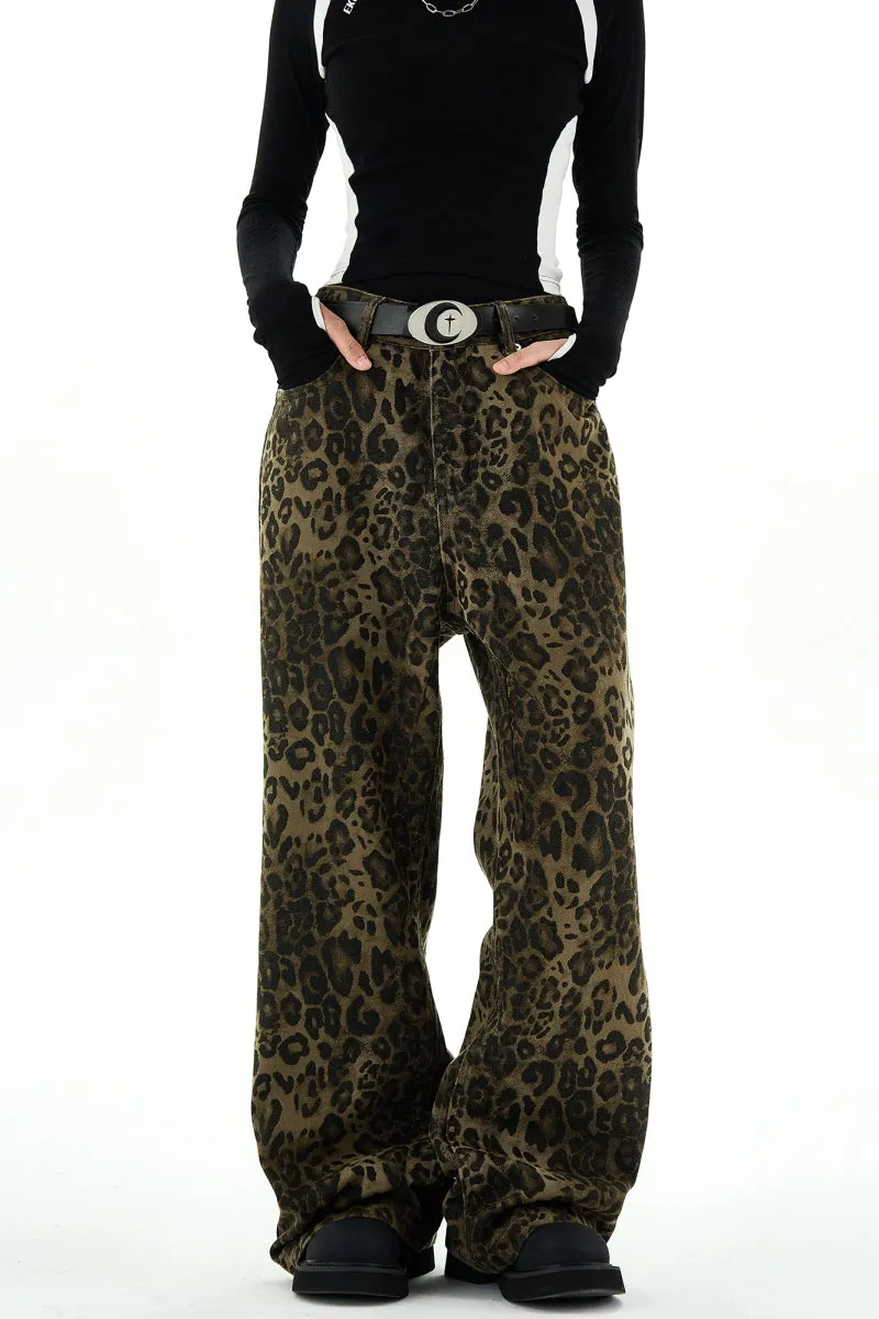 Leopard Print Wide-Leg Jeans Retro Low-Rise Casual Pants