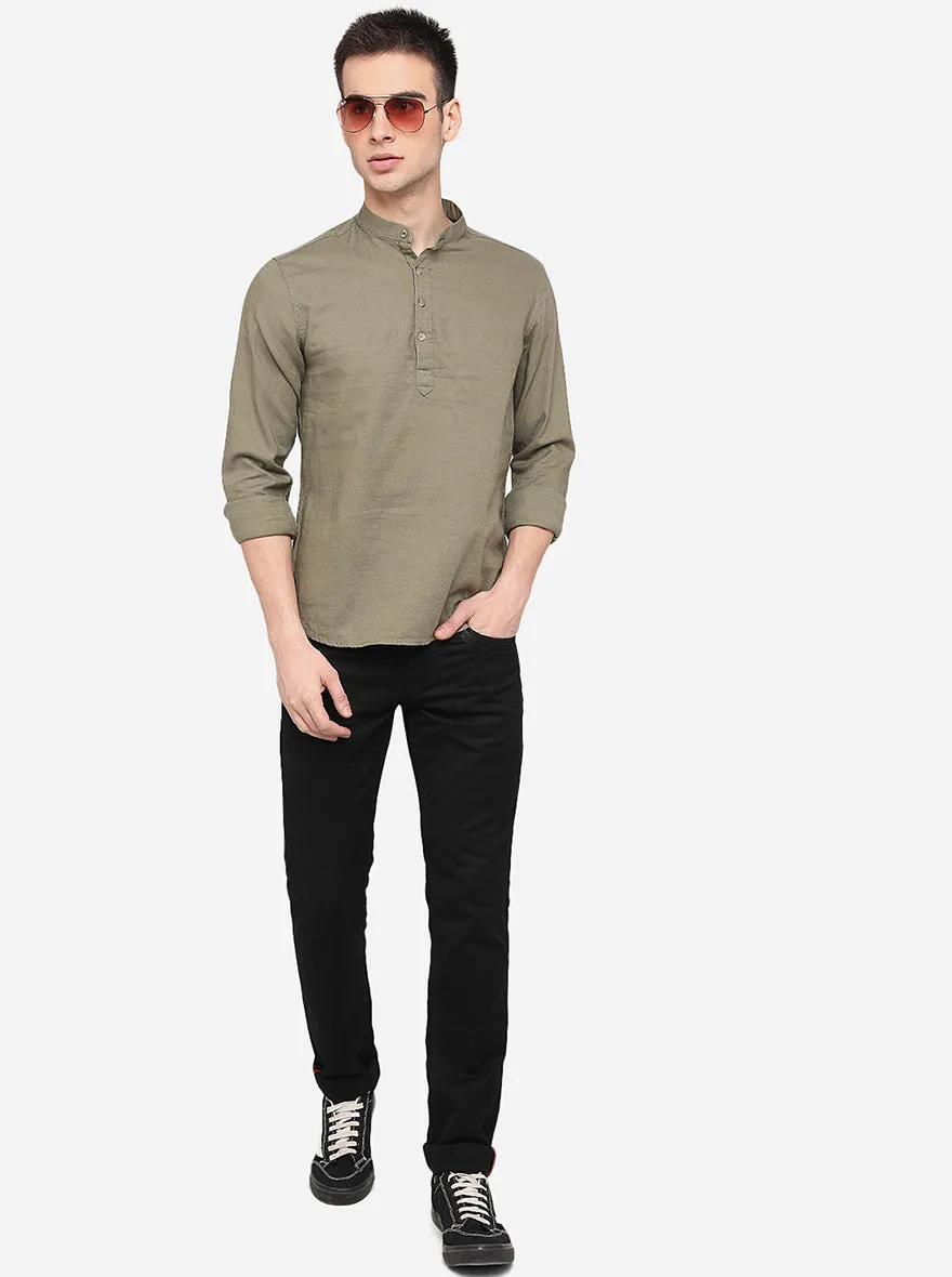 Light Olive Solid Slim Fit Semi Casual Shirt | Greenfibre