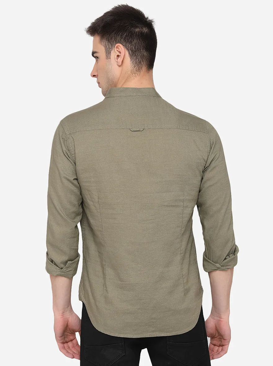 Light Olive Solid Slim Fit Semi Casual Shirt | Greenfibre