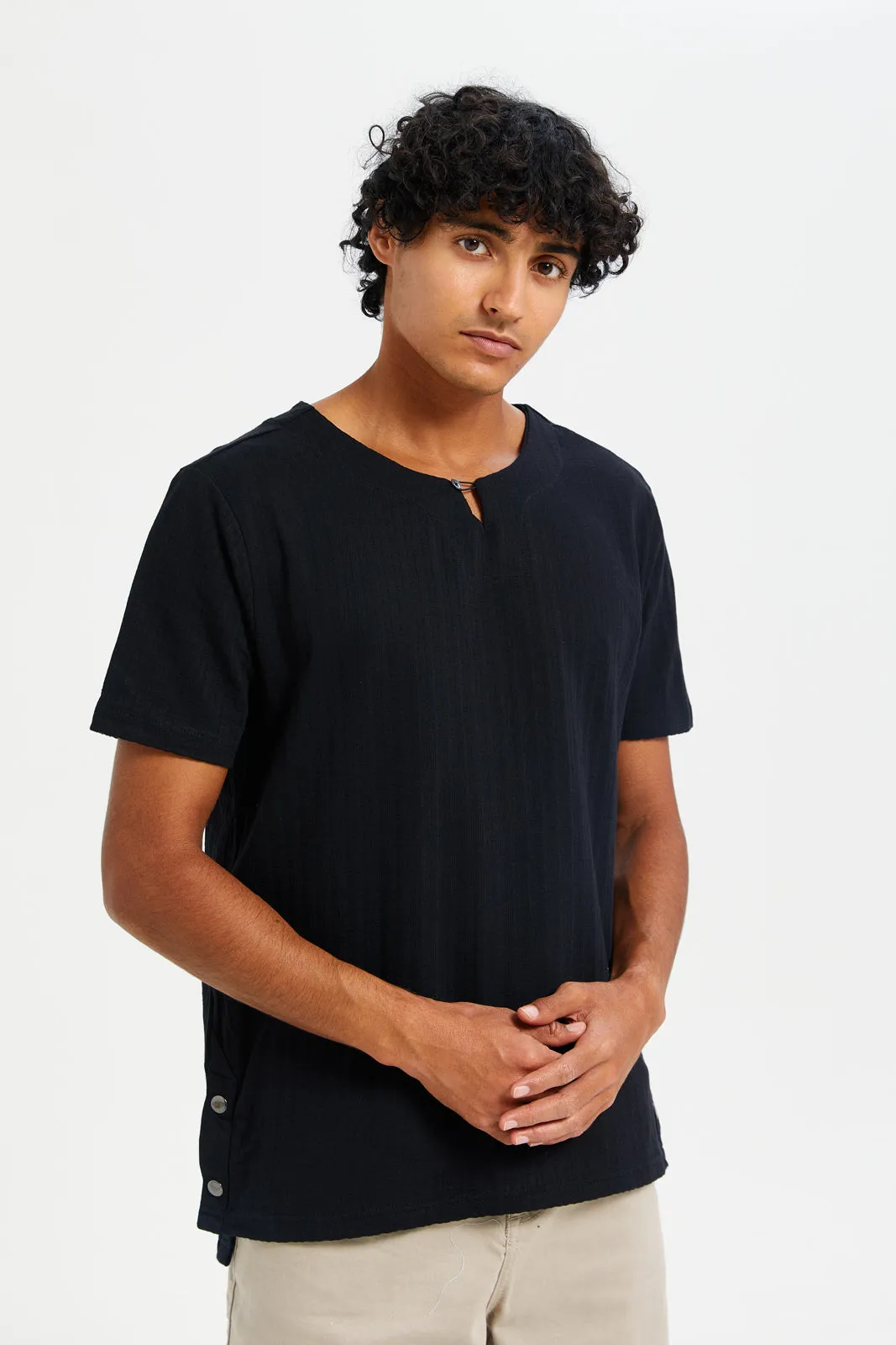 Men Black Jacquard T-Shirt