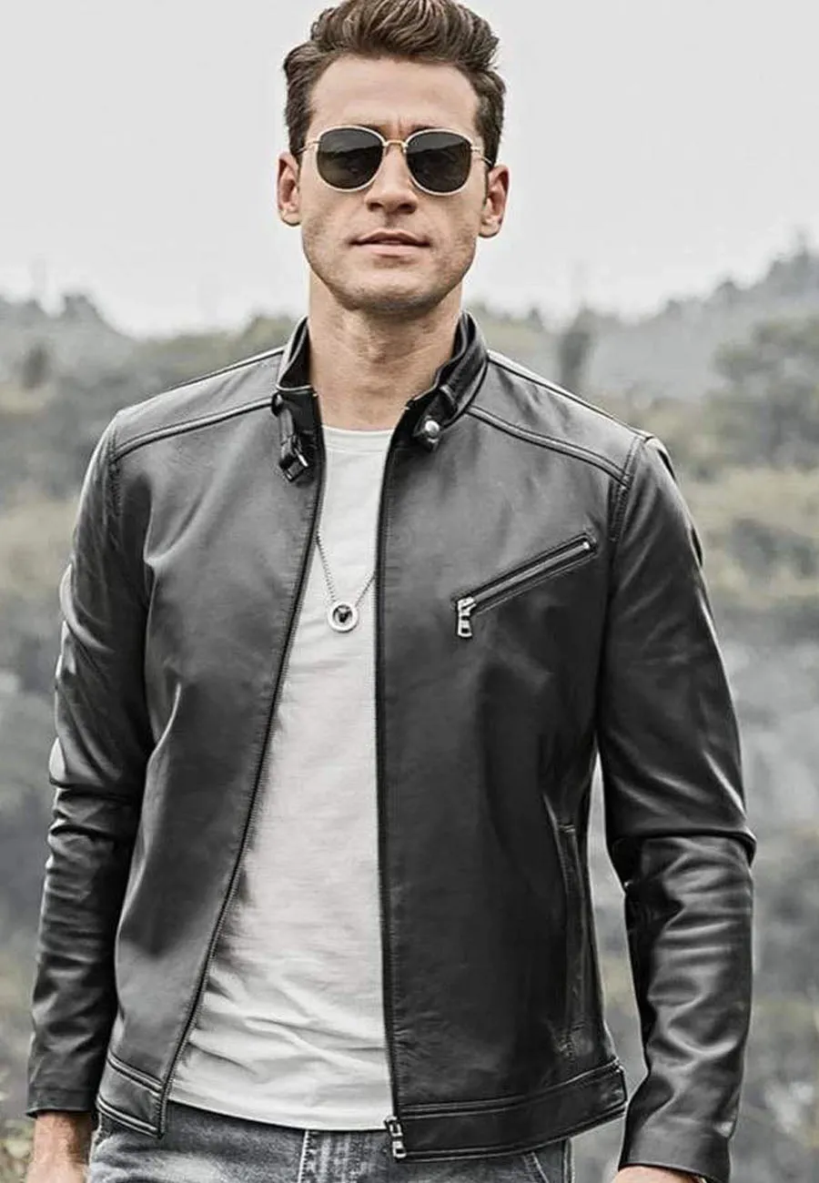 Men's Black Leather Crew Neck Jacket with Zip Detailing