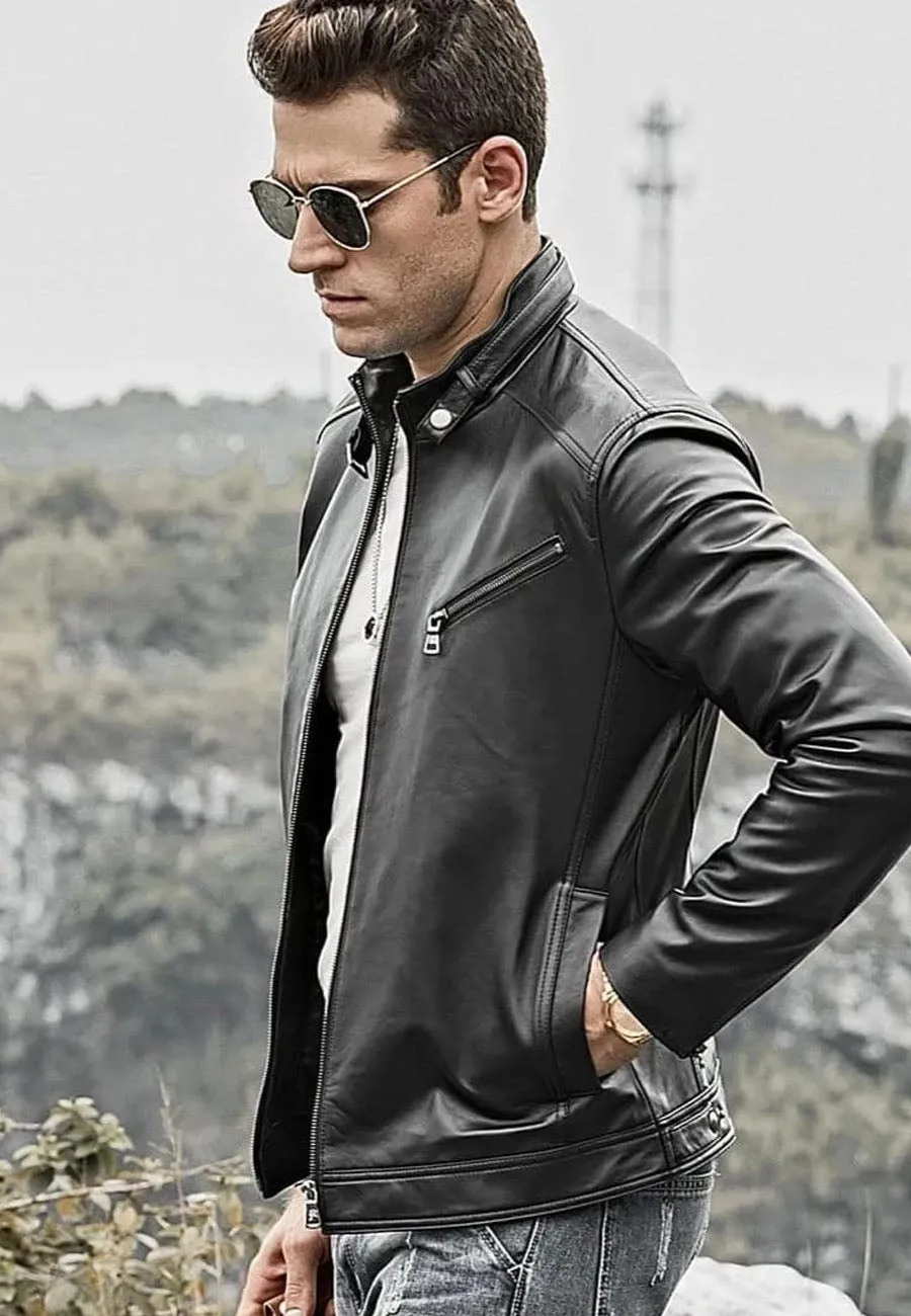 Men's Black Leather Crew Neck Jacket with Zip Detailing