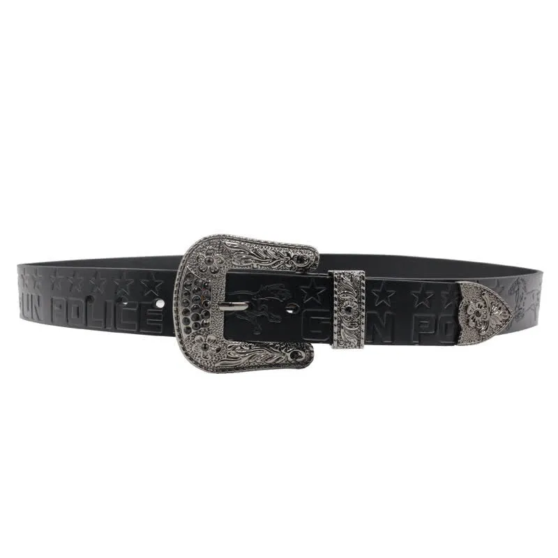 Men's Cowboy Pattern Carved Buckle Leather Belt