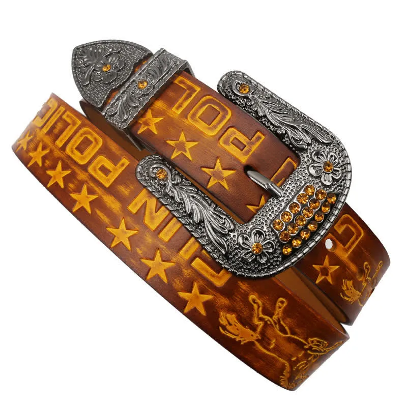 Men's Cowboy Pattern Carved Buckle Leather Belt