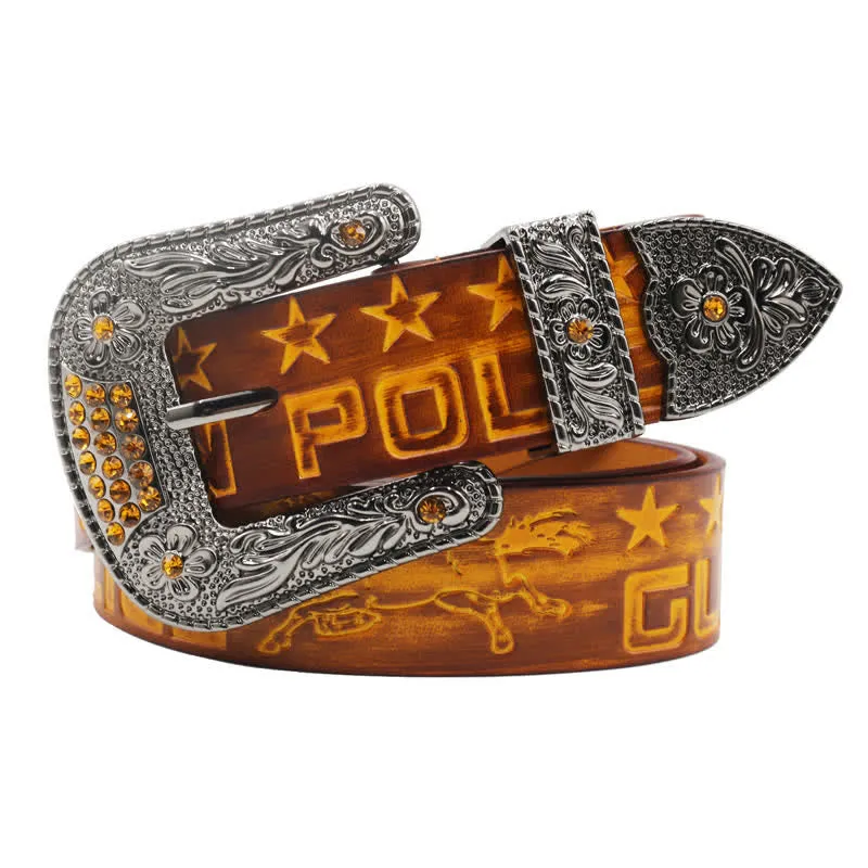 Men's Cowboy Pattern Carved Buckle Leather Belt