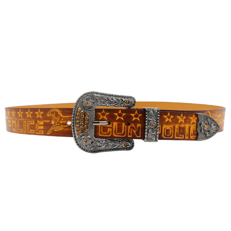 Men's Cowboy Pattern Carved Buckle Leather Belt