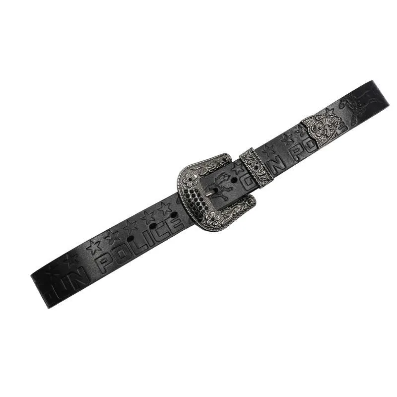 Men's Cowboy Pattern Carved Buckle Leather Belt