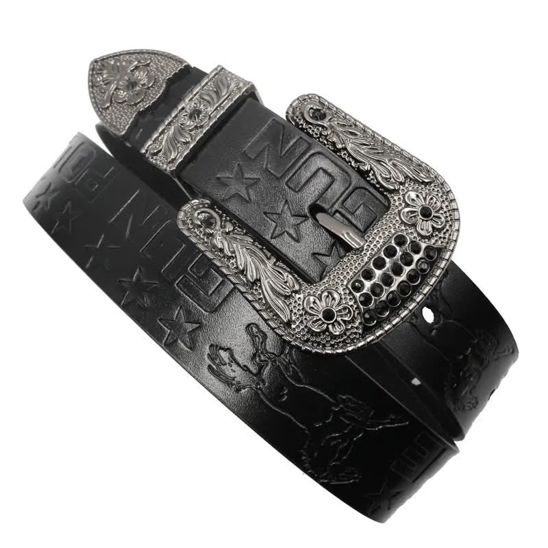 Men's Cowboy Pattern Carved Buckle Leather Belt