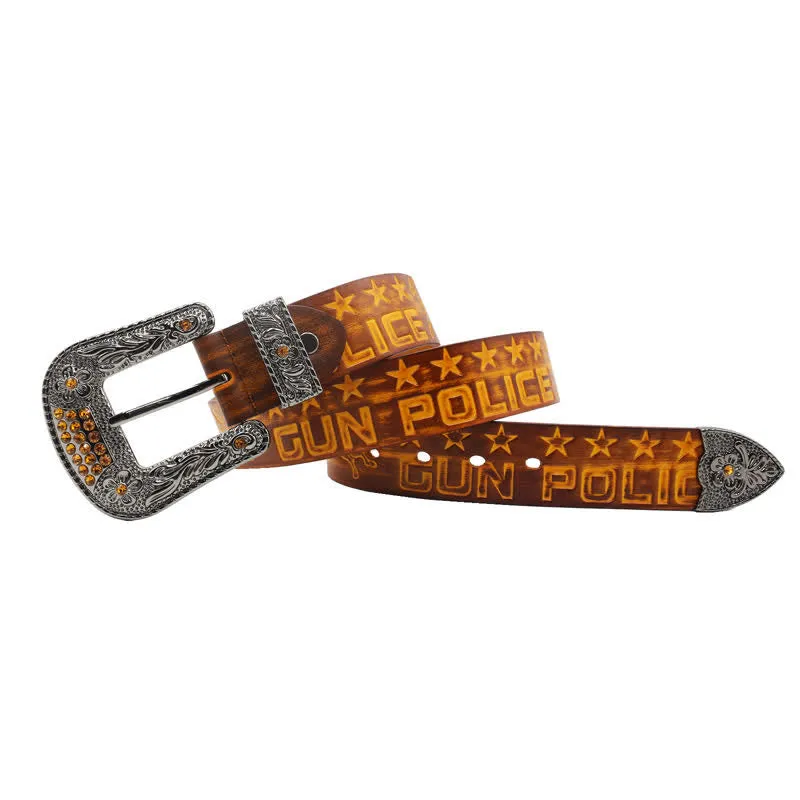 Men's Cowboy Pattern Carved Buckle Leather Belt